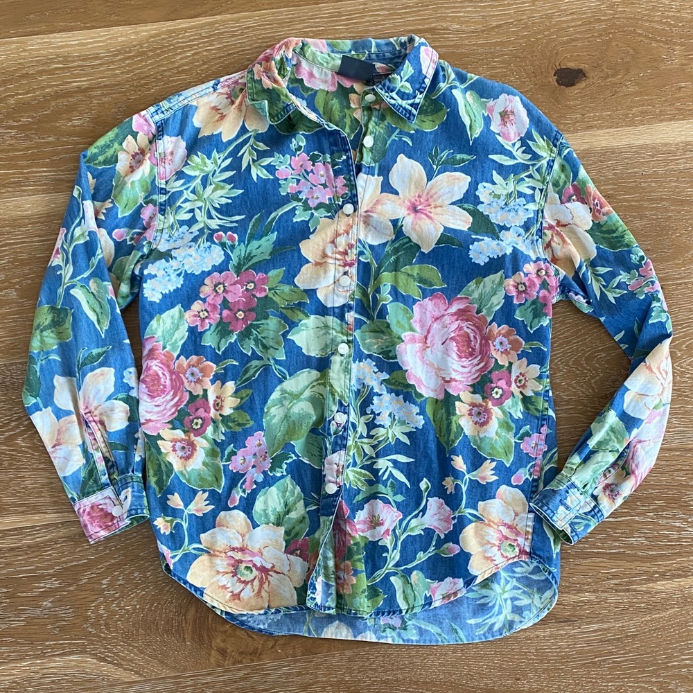 Vintage Denim Floral Women’s Shirt - Blue and Pink